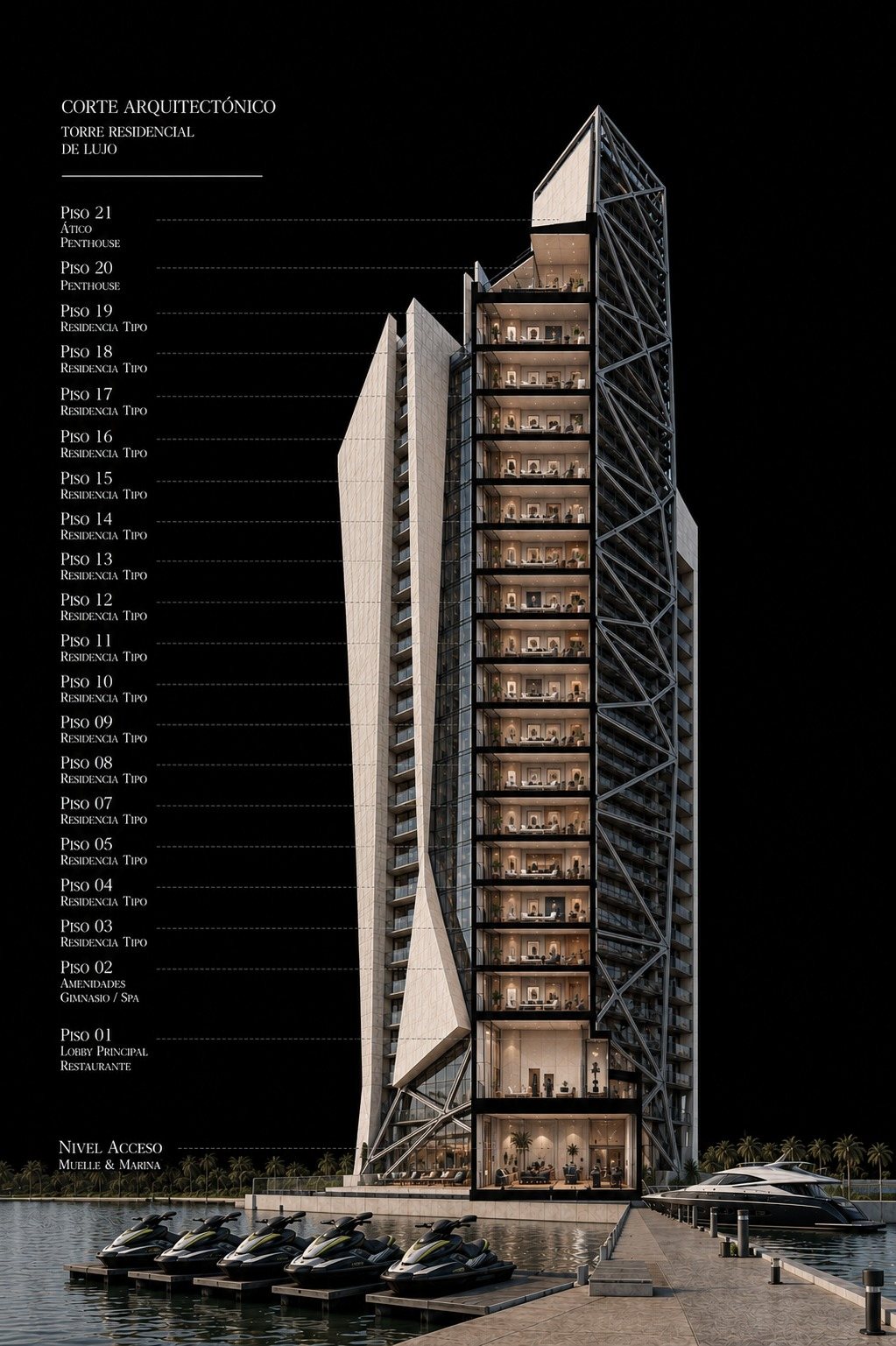 Corte arquitectónico — dirección A, fachada facetada