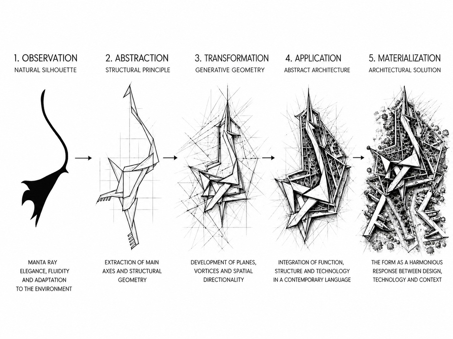 La analogía arquitectónica: de la naturaleza a la arquitectura — Observation, Abstraction, Transformation, Application, Materialization